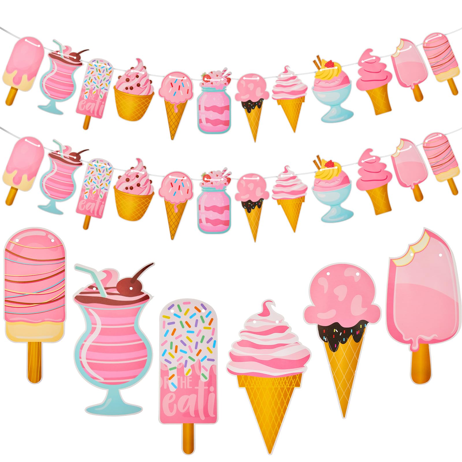 Outus 2 Pieces Ice Cream Banner Garland Ice Cream Party Decoration Supplies Streamer Decor for Summer Pool Beach Baby Shower Wedding Happy Birthday Party Events Holidays Decorations