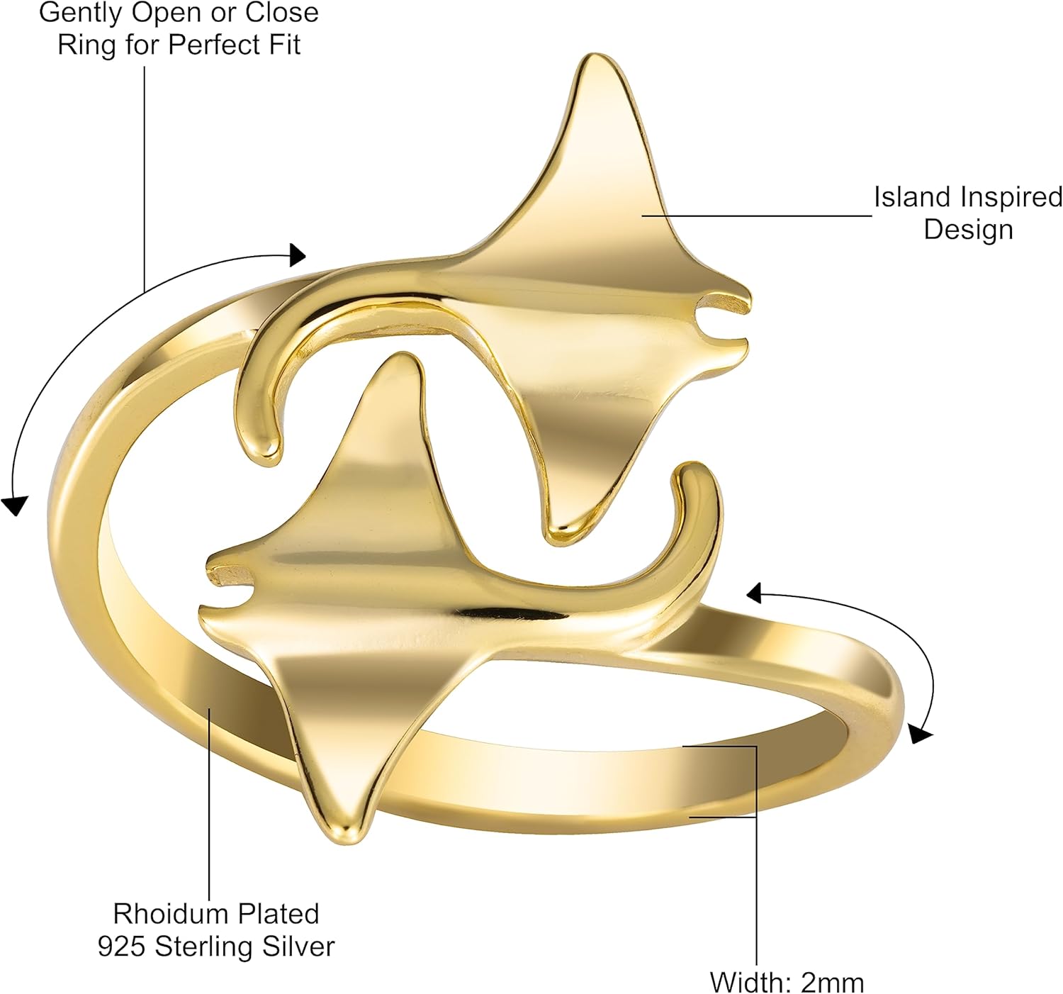 925 Sterling Silver Two Manta Ray Adjustable Easy Resize Wrap Around Bypass Ring Eternity Band, 14K Gold Plated, Nickel Free Hypoallergenic for Sensitive Skin, Island Tropical Jewelry with Gift Box - Image 3