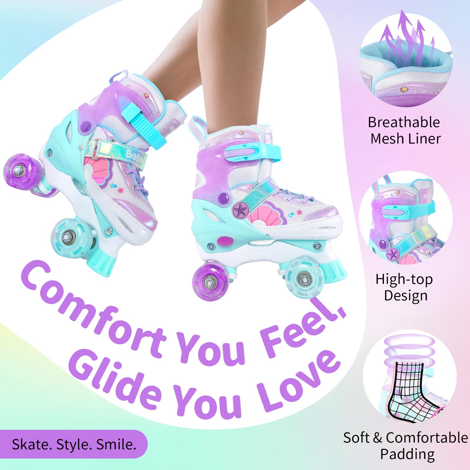 BELEEV Patins à roulettes 4 Taille Réglable, Skate Enfants avec 8 Roues LED Lumineuses et Lacets, Sûrs Amusants, Cadeau d'anniversaire et de Noël pour Adolescents Débutants Filles Garçons - Purple L