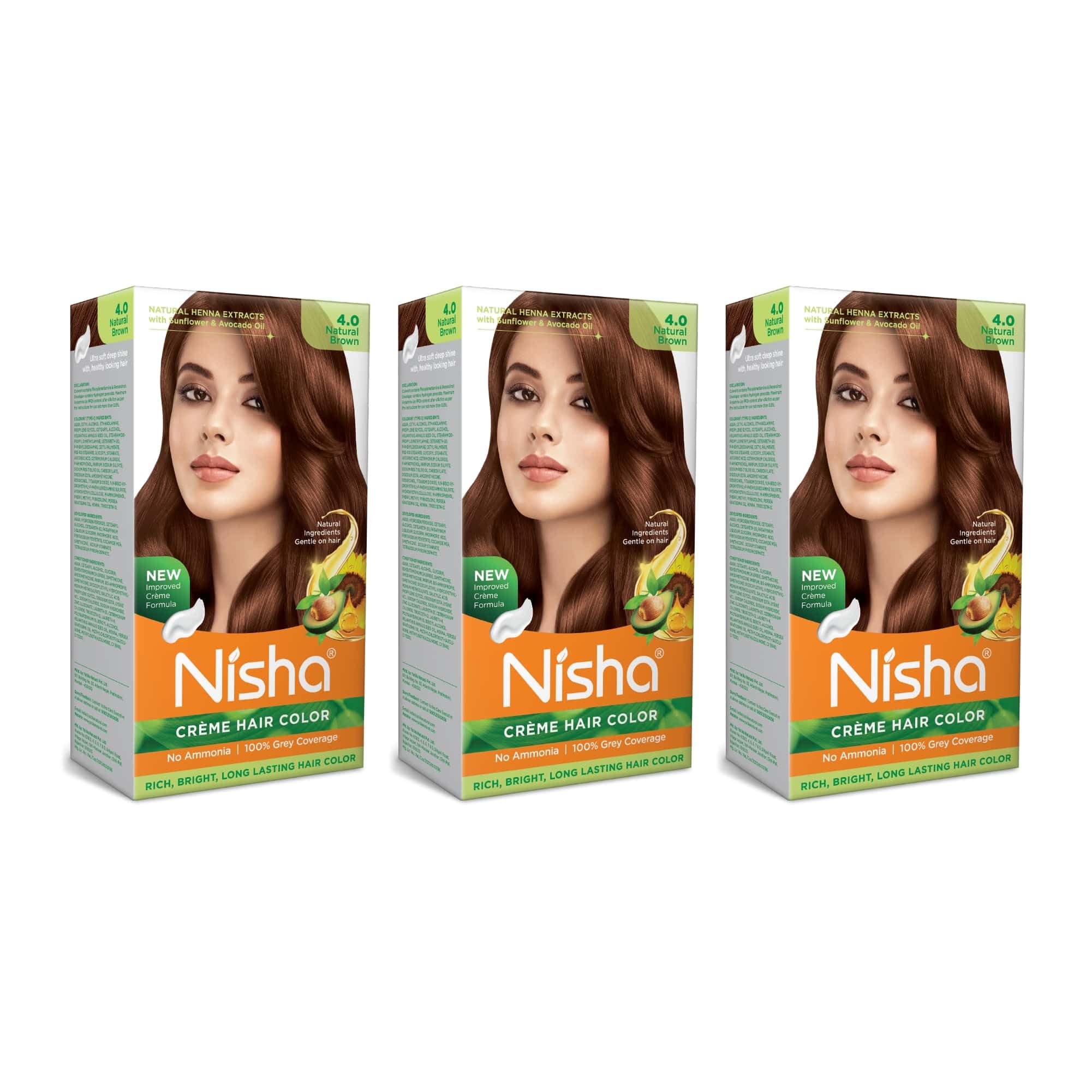 Nisha Creme Permanent Hair Color 100 percent Gray Coverage Hair Dye Easy to Apply Long Lasting Hair Colouring For Ultra Soft Deep Shine Conditioning With Natural Herbs Pack of 3 (Natural Brown)