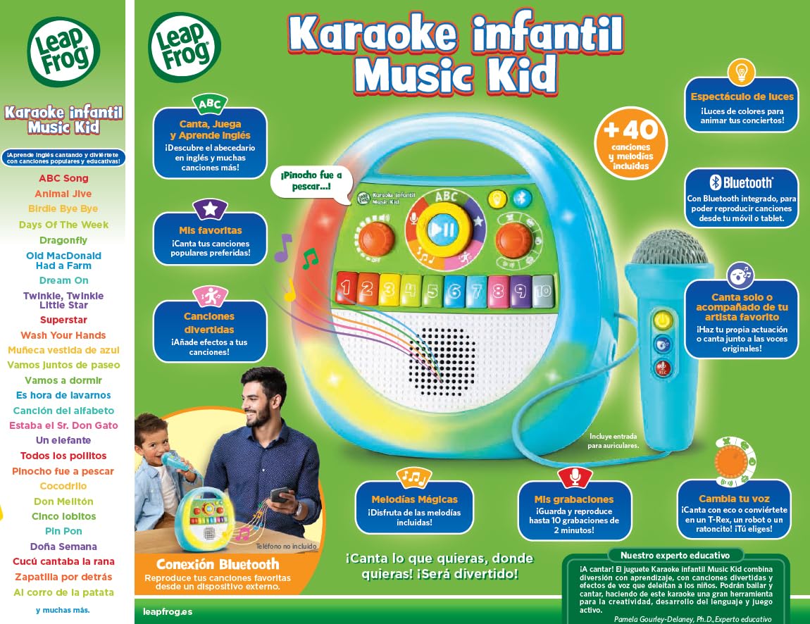 VTech Leapfrog Karaoke Infantil Music Kid, Juguetes Electrónicos Niños +2 Años, Bluetooth, Altavoz Interactivo, Asa Portátil, +40 Canciones y Melodías, Grabadora y Efectos de Voz, Versión ESP
