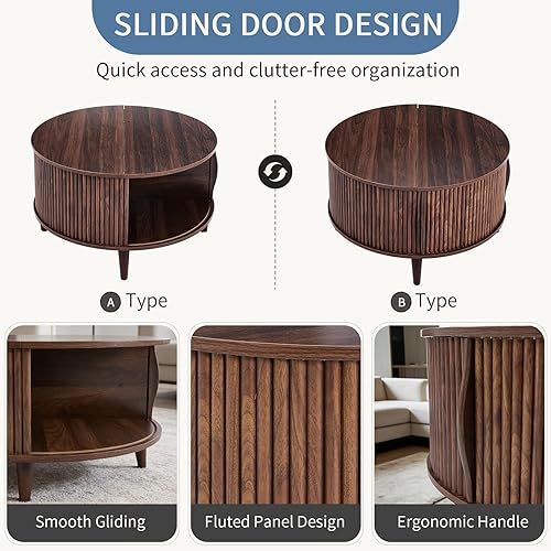 Miniatura 5 de DUMOS Mesa auxiliar, mesas de centro redondas con almacenamiento, mesa central acanalada para sala de estar, mesa moderna de mediados de siglo de