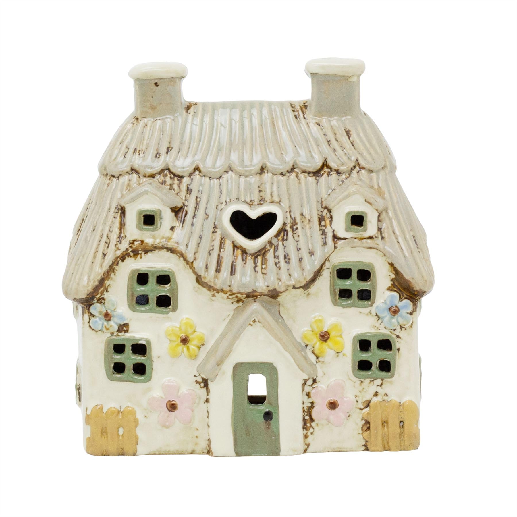 Carousel Home Multicolor Thatched Cottage Tea Light Holder | 18Cm Large Stoneware Ceramic House Tealight Candle Holder With Embossed Flowers
