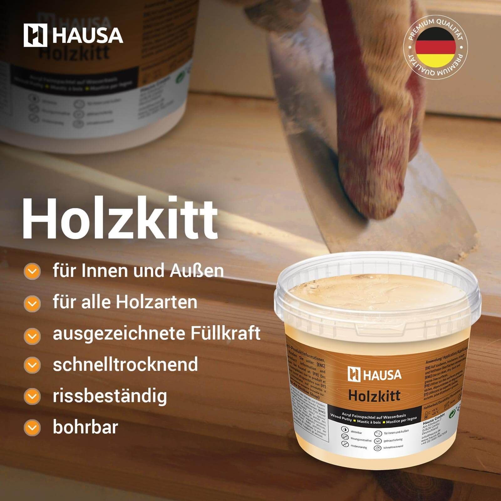 HAUSA Stucco per legno 250 g, stucco per legno di abete, kit per legno, stucco/impasto per legno per riparare danni al legno, pronto all'uso, eccellente potere riempitivo, asciugatura rapida