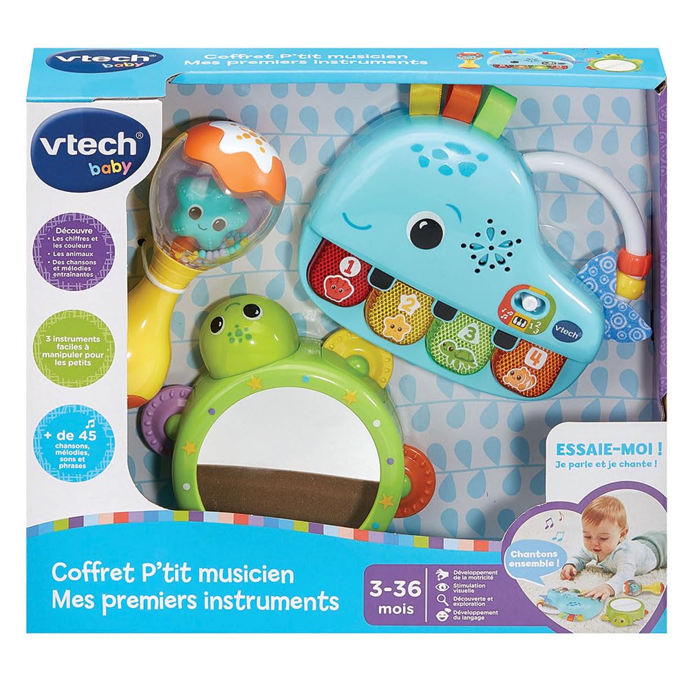 VTech – Estuche de música de Mis primeros instrumentos, primeros juguetes para bebés, piano luminoso e interactivo, pandereta espejo y sonajero Maracas, regalo de nacimiento – Contenido en francés