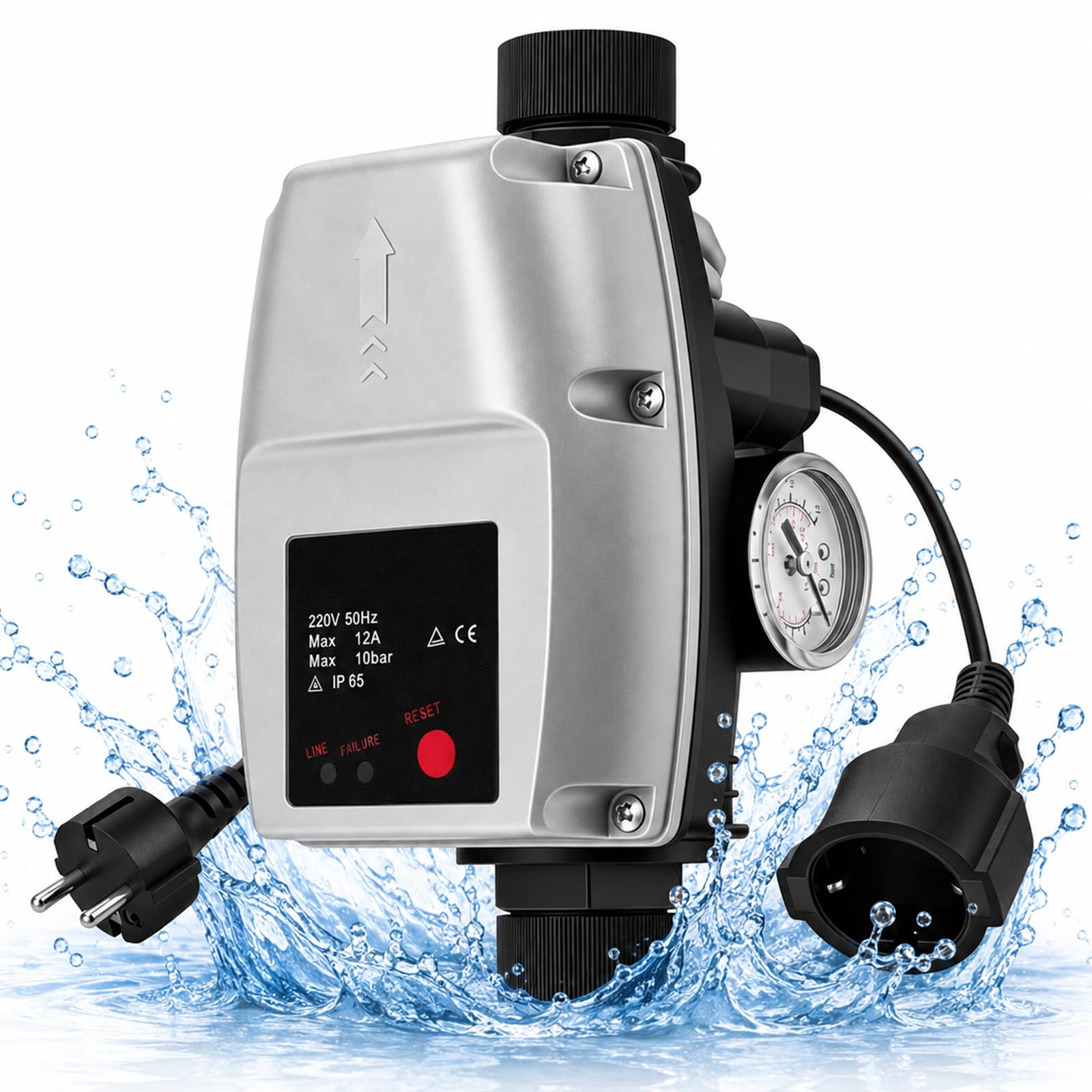 Automatischer Druckschalter Wasserpumpe mit Manometer, Pumpensteuerung Druckschalter einstellbar 10 bar, Druckwächter für selbstansaugende Pumpe, Kreiselpumpe, Gartenpumpe, 1m Kabel
