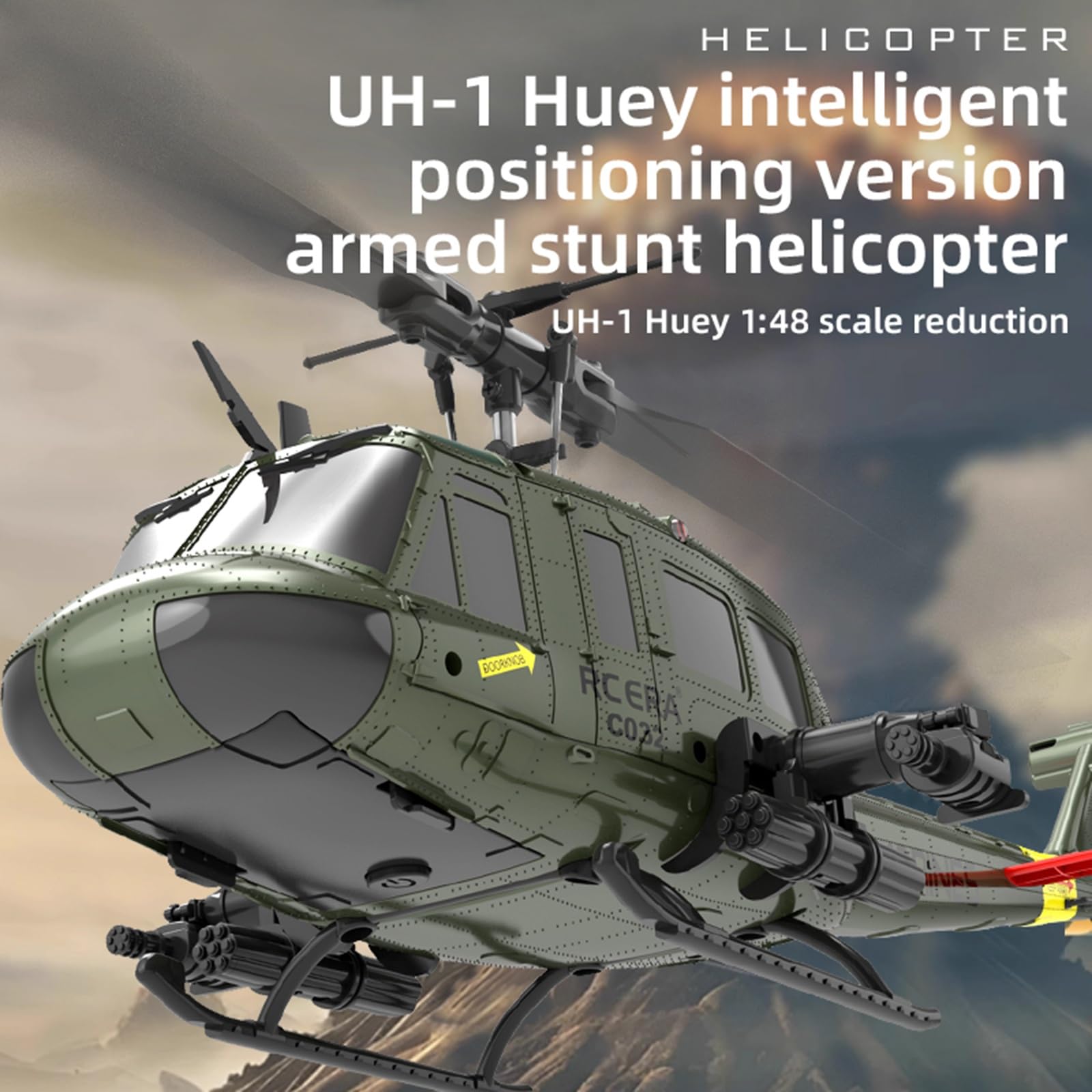 C032 UH-1 Huey Elicottero telecomandato, 1/48 Scala Flybarless Stunts RC Elicottero per adulti con 2 batterie Posizionamento del flusso ottico Regalo per gli appassionati militari RTF(Yellow)