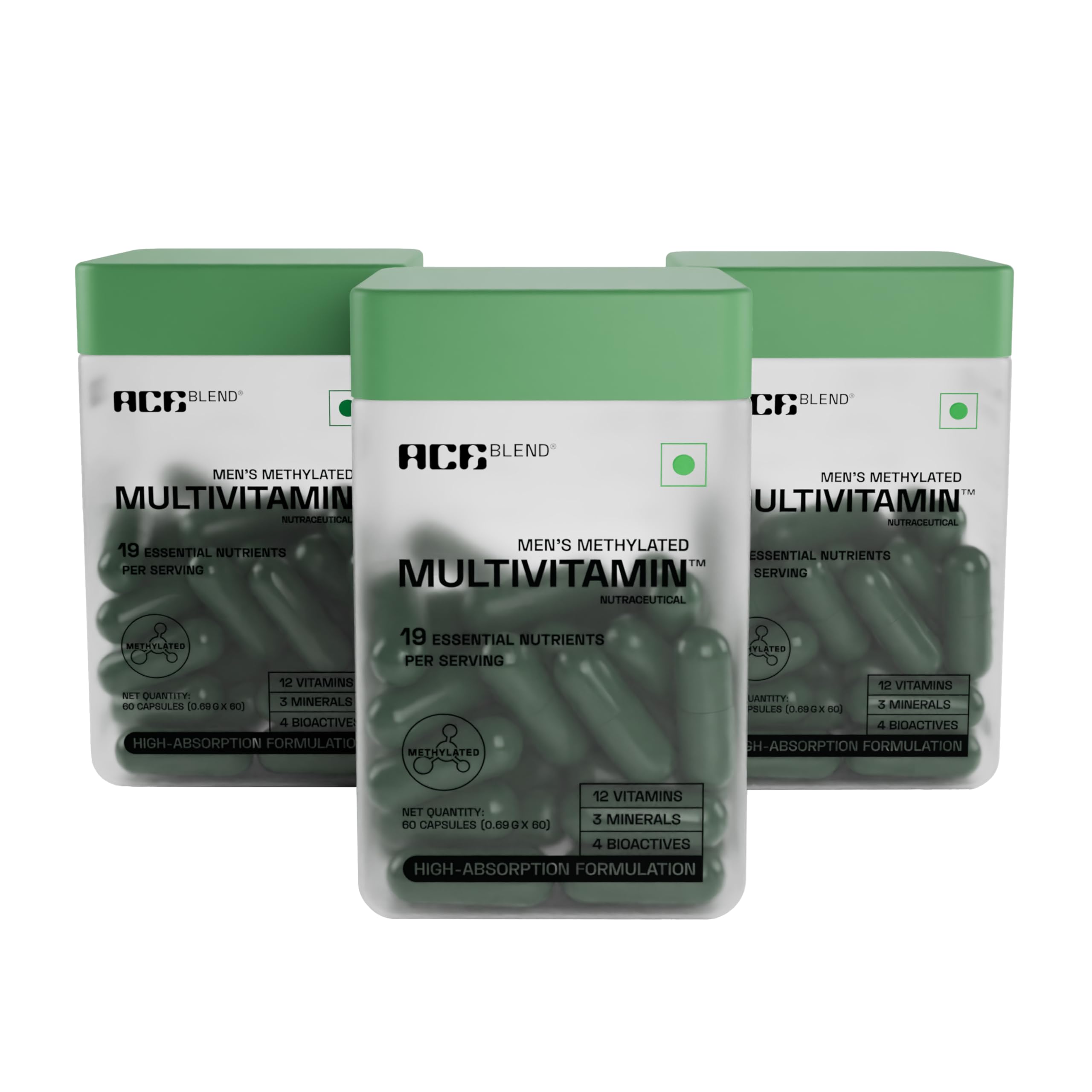 Ace Blend Multivitamin Capsules for Men | Pack of 180 | Methylated Multivitamin with 19 Essential Nutrients | Quatrefolic, MenaQ7 & Vitashine D3 | Supports Energy, Immunity, Focus & Heart Health