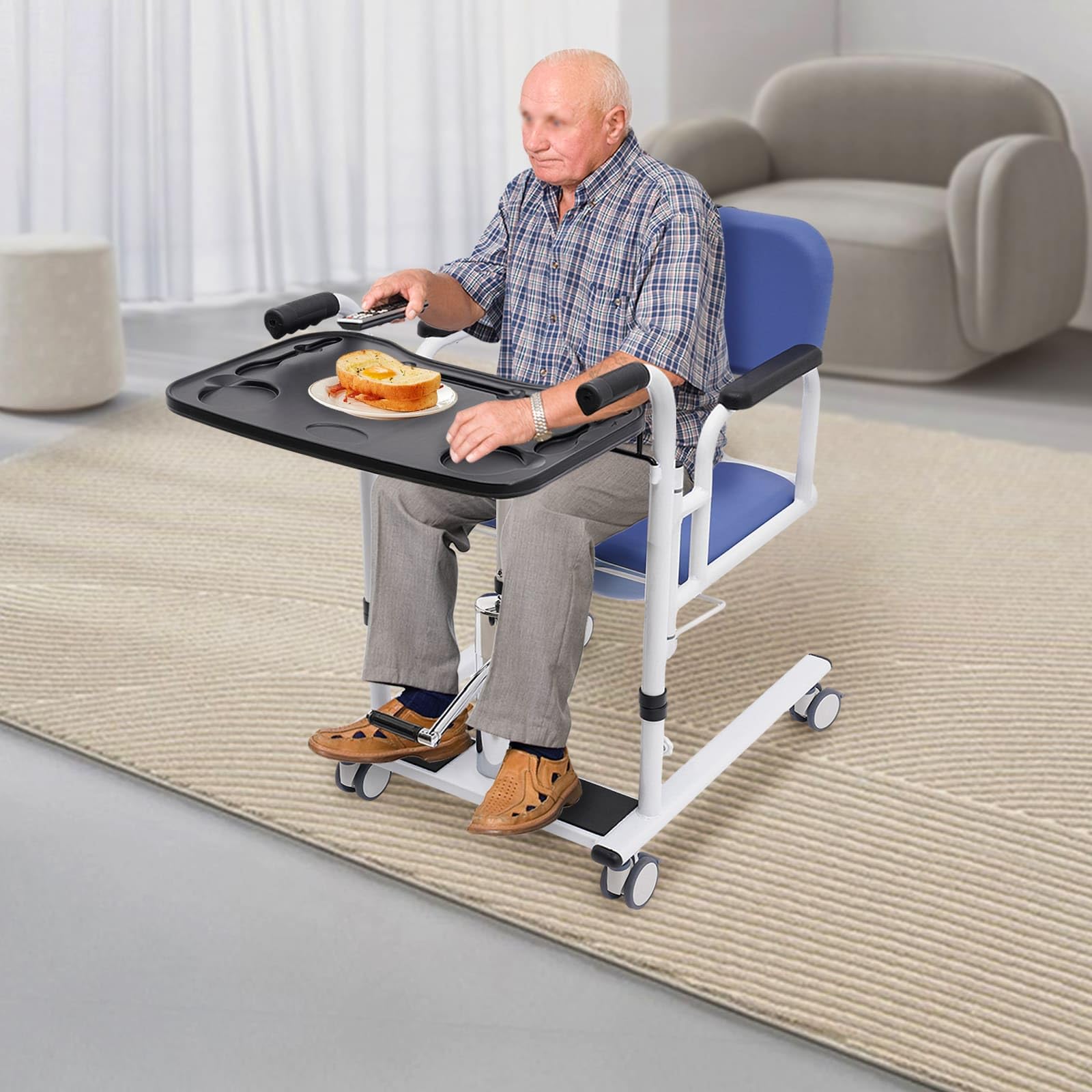 Sedia di trasferimento idraulica per pazienti e anziani, diviso a 180°, sedia multifunzionale altezza regolabile con ruote universali, tavolo da pranzo e vaso portatile (blu)