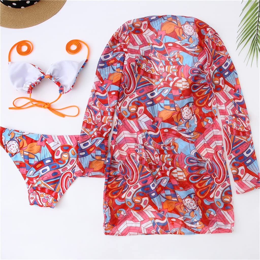 Conjunto Sexy Traje de baño con Cuello en V Profundo Ropa de Playa Estampado de Manga Larga Conjunto de Bikini de Vendaje de Tres Piezas Cubierta (Color : Red, Size : L) (Green S)