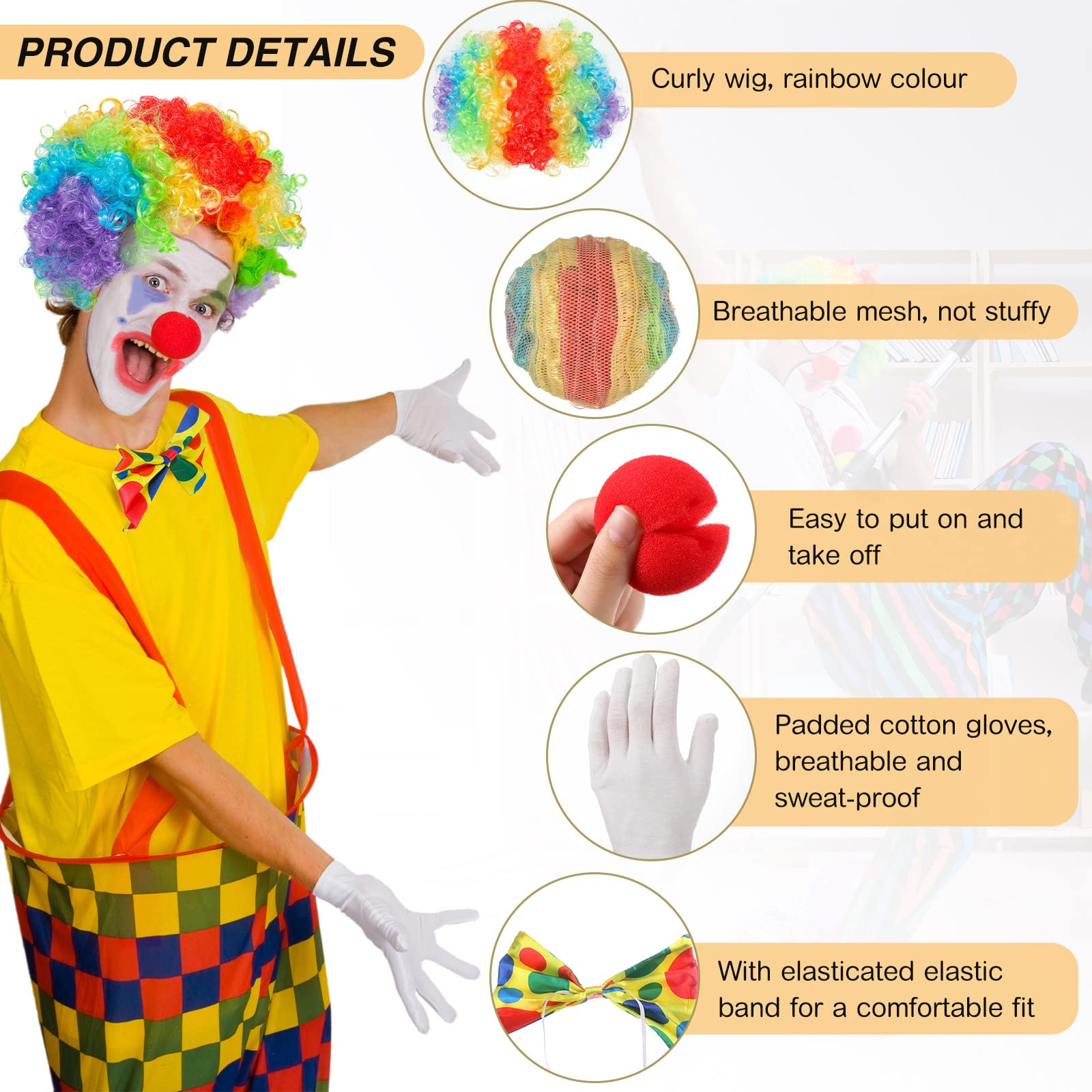 4 Pcs Clown Costume Set Includes Rainbow Wig Nose White Gloves Bow Tie Clown Outfits Unisex Accessories for Women Men Carnival Cosplay Pretend Play Circus Party Props - Image 2
