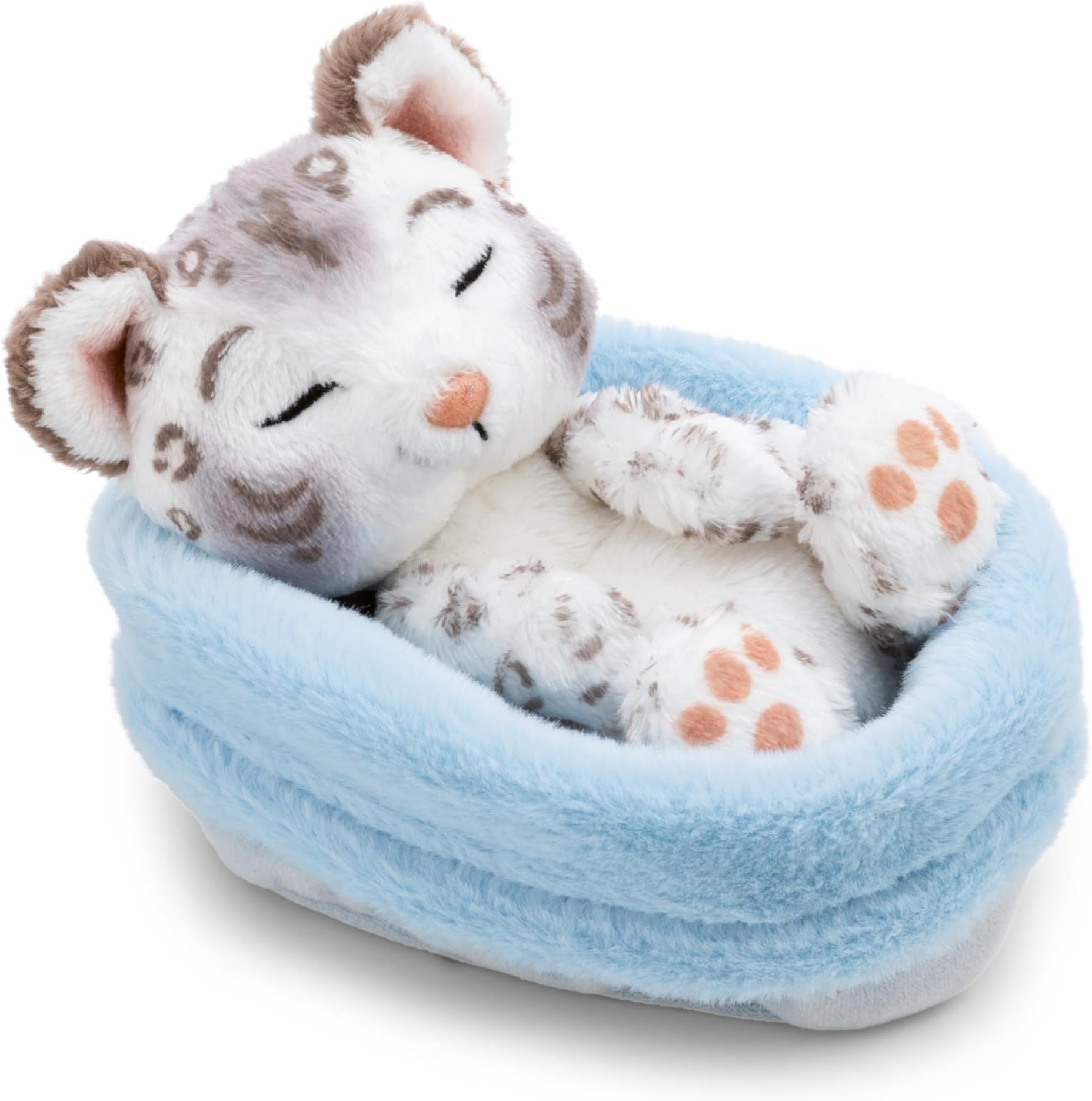 Snow Leopard Sleeping in a Basket Soft Toy, Stuffed Animal Made of Soft Plush, Cute Plush Toy for Cuddling and Playing, for Children and Adults, Great Gift Idea, 12 cm, White – 62871