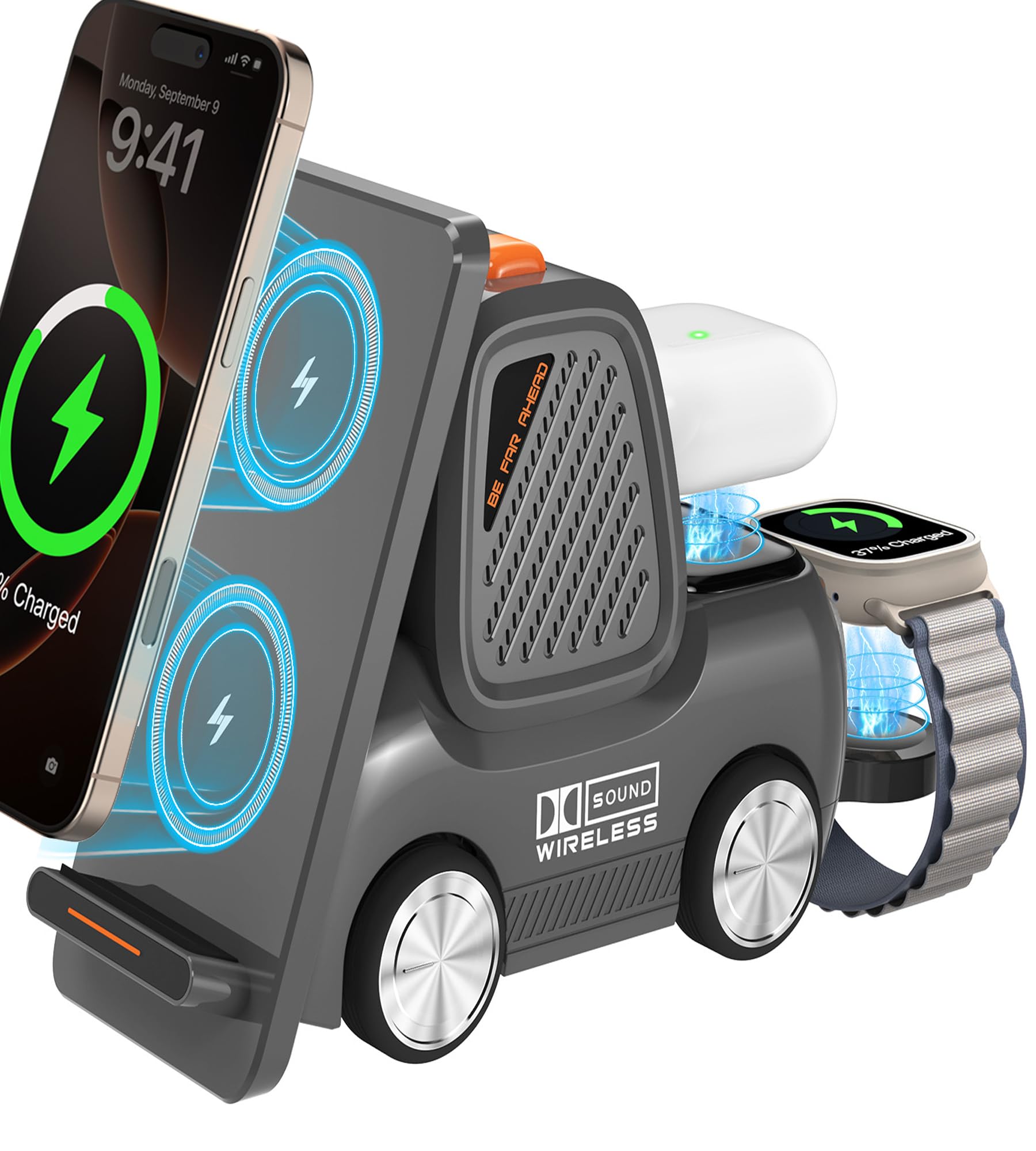 Station de charge sans fil pour chariot élévateur avec haut-parleur Bluetooth, chargeur rapide sans fil 4 en 1 pour plusieurs appareils, compatible avec iPhone 16 15 14 13 Pro Max Series, Apple iWatch