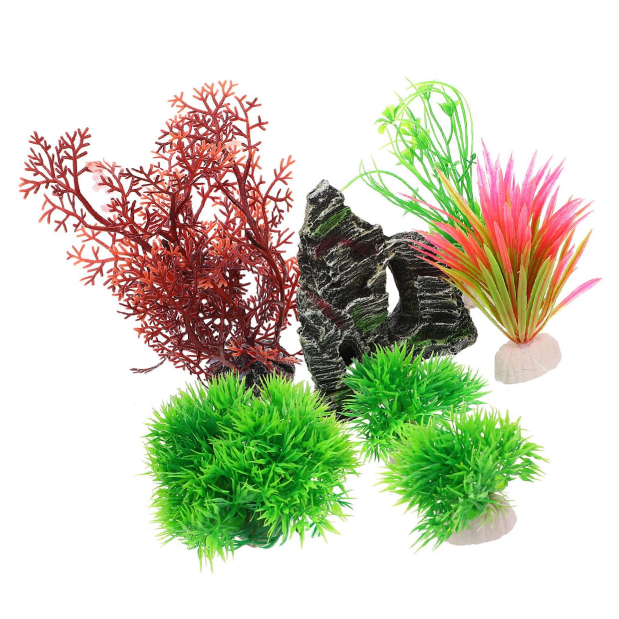 Tofficu 7pcs Realistic Aquarium Plant Set Artificial Plastic Aquarium Decor for Desktop Fish Tank Accessories with Rock Base