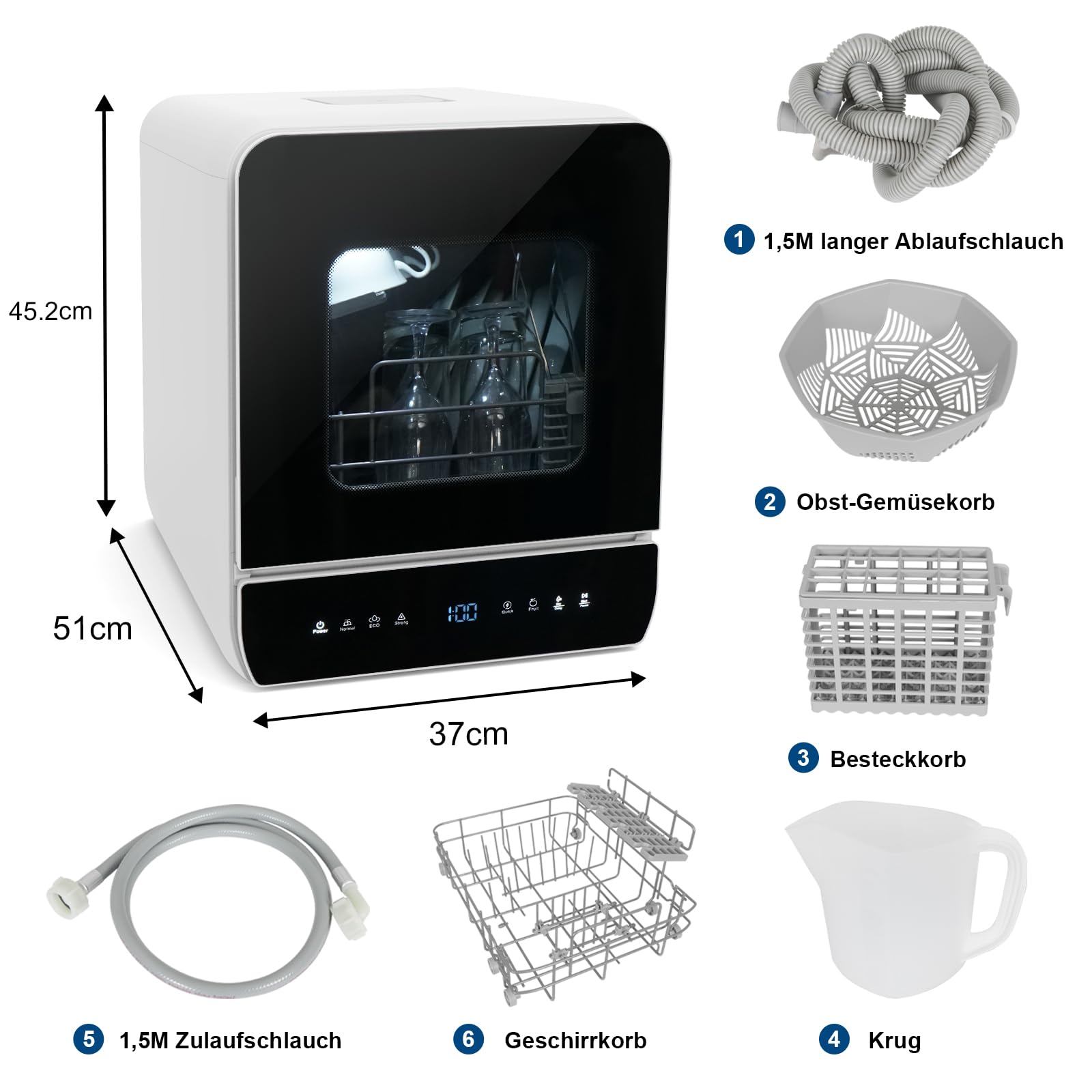 Mini Geschirrspüler 3 Gedecke Tischgeschirrspüler 7 Programme Trocknungsfunktion Spülmaschine 4.8L Touch Control