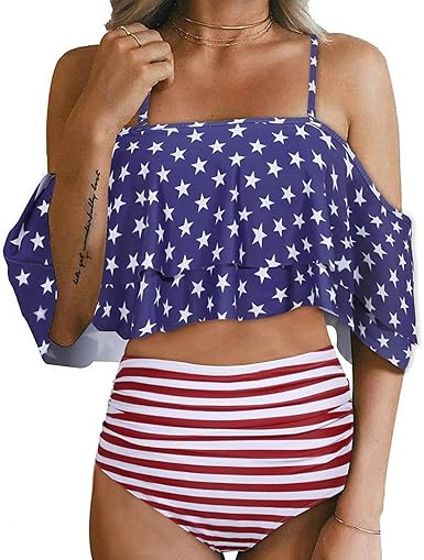 Tempt Me Women Two Piece High Waisted Bikini Set Swimsuit Tummy Control Bottoms Ruffle Off Shoulder Bathing Suits
