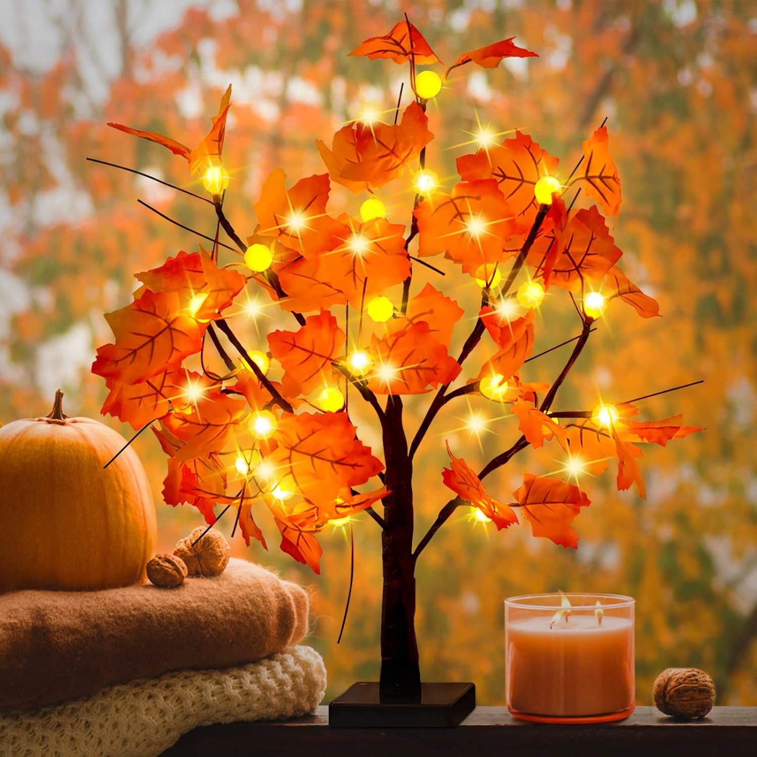 YEECHUN 24 Inch Artificial Fall Lighted Maple Tree 24 LED Pumpkin Lights Battery Operated for Halloween Thanksgiving Christmas Harvest Home Decoration