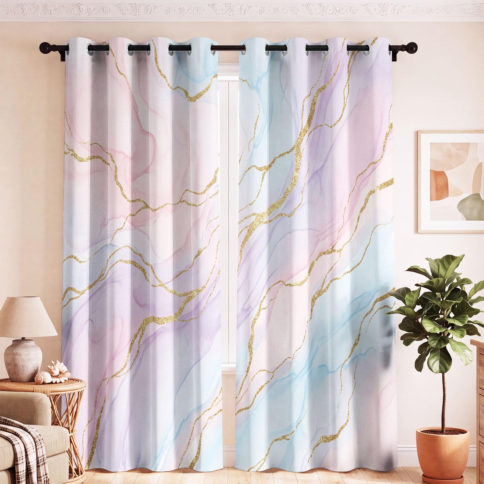 Générique Rideau Occultant Moderne Luxueux, 117L x 139H CM Motif Effet marbre, Rideaux Thermique, Oeillets, Opaque, Decoration Chambre, Salon, Draperies Fenetre
