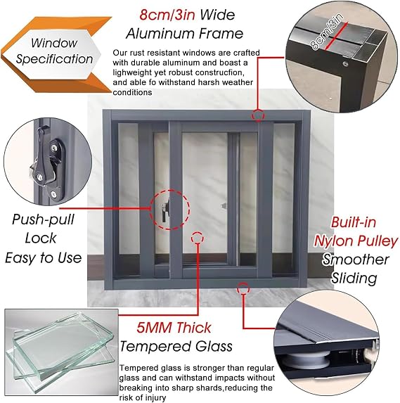 Large Vertical Sliding Window Replacement, Horizontal Sliding Design for Home, Shed, Basement, and Coop Installations