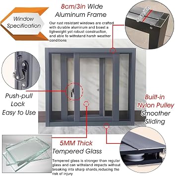 Large Vertical Sliding Window Replacement, Horizontal Sliding Design for Home, Shed, Basement, and Coop Installations