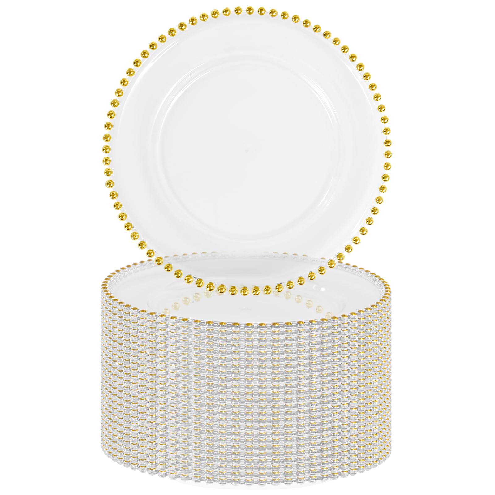 FXKS 24 PCS Clear Round Charger Plates with Beaded Rim, 13 Inch Plastic Acrylic Plate, Plastic Round Beaded Dinner Decorative Service Plates for Wedding Party Event, Home Kitchen Tabletop(Gold)