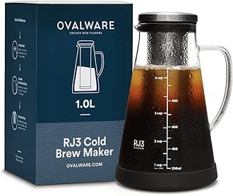 ovalware Airtight Cold Brew Iced Coffee Maker and Tea Infuser with Spout - 1.0L / 1010ml RJ3 Brewing Glass Carafe with Removable Stainless Steel Filter