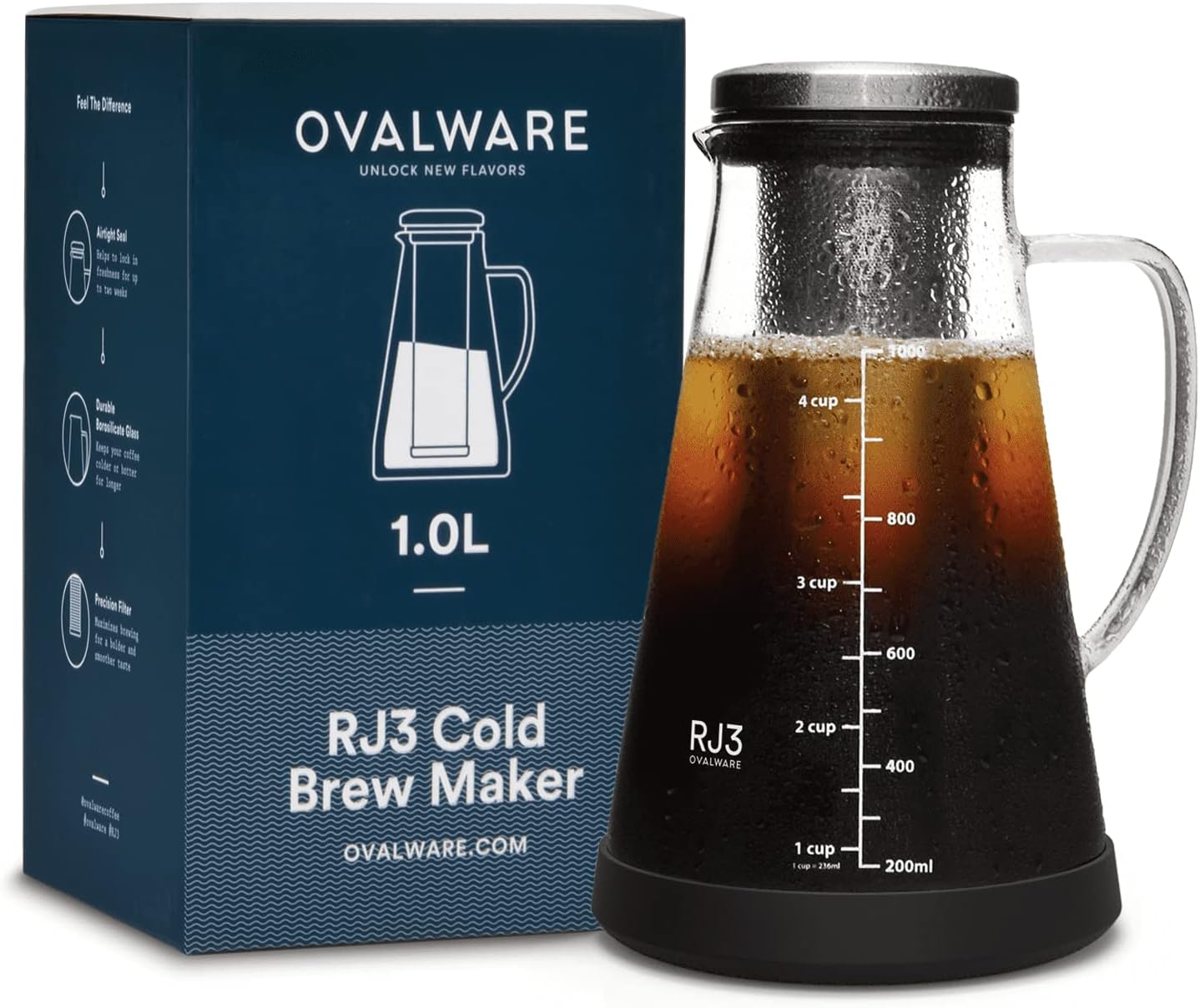 ovalware Airtight Cold Brew Iced Coffee Maker and Tea Infuser with Spout - 1.0L / 1010ml RJ3 Brewing Glass Carafe with Removable Stainless Steel Filter