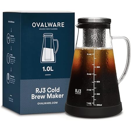 ovalware Airtight Cold Brew Iced Coffee Maker and Tea Infuser with Spout - 1.0L / 34oz RJ3 Brewing Glass Carafe with Removable Stainless Steel Filter