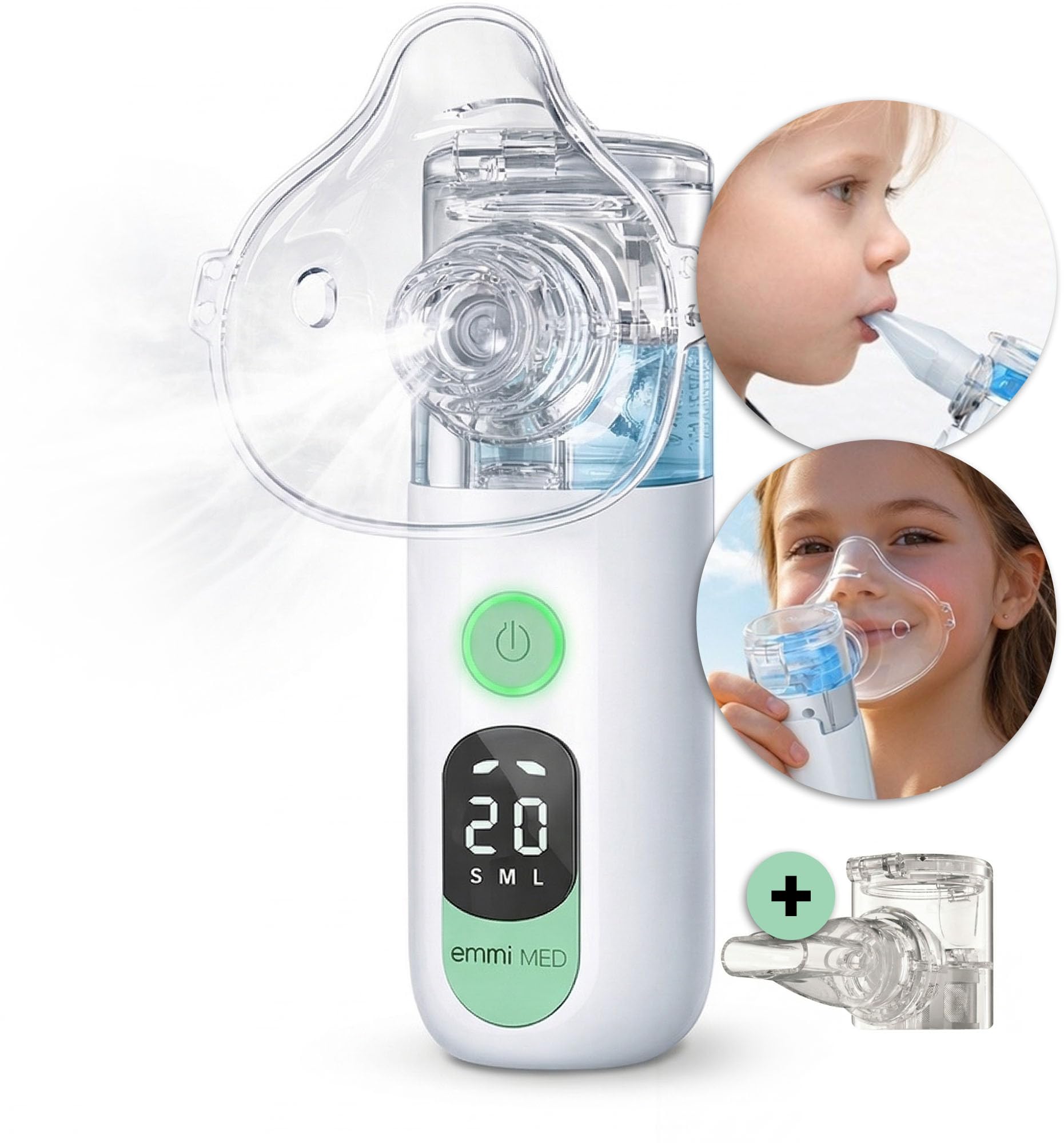 emmi MED - Inhalador para niños y adultos, pantalla LED, incluye 2 máscaras y 1 boquilla, función de limpieza automática, nebulizador, inhalador personalizable e ideal para viajes