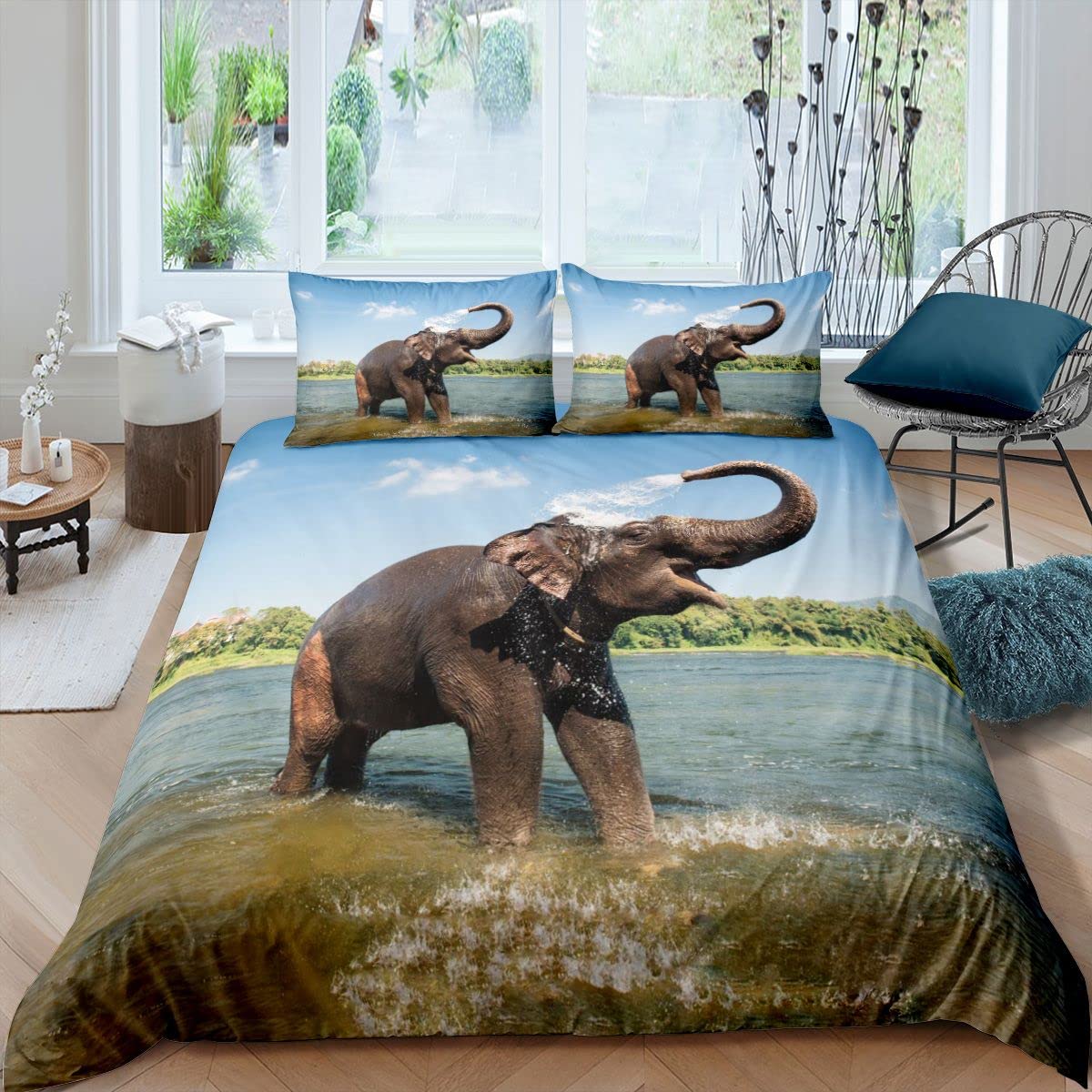 Elephant Bedding Set Exotic Style Duvet Cover Set for Kids Boys Girls Wild Animal Comforter Cover Ethnic Elephant Quilt Cover King Size Boys