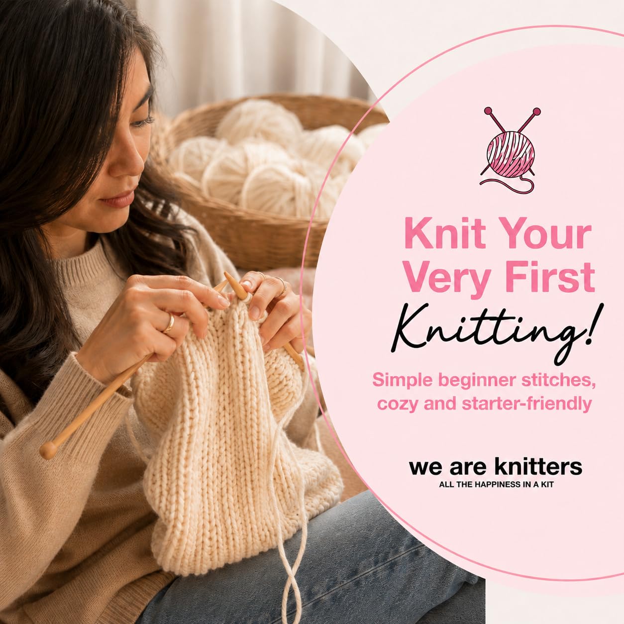 We Are Knitters Stichproben-Strickset, Anfängerfreundliches Strick-Starter-Set mit Baumwollgarn, lernen Sie wichtige Stiche und machen Sie Ihren ersten Schlauchschal