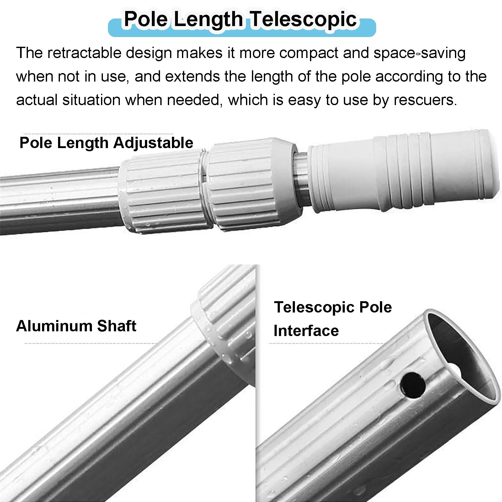 Gancho telescópico de Rescate de Emergencia para la Seguridad en Piscinas, diseño Resistente para rescates rápidos en Agua en Parques Infantiles y acuáticos.