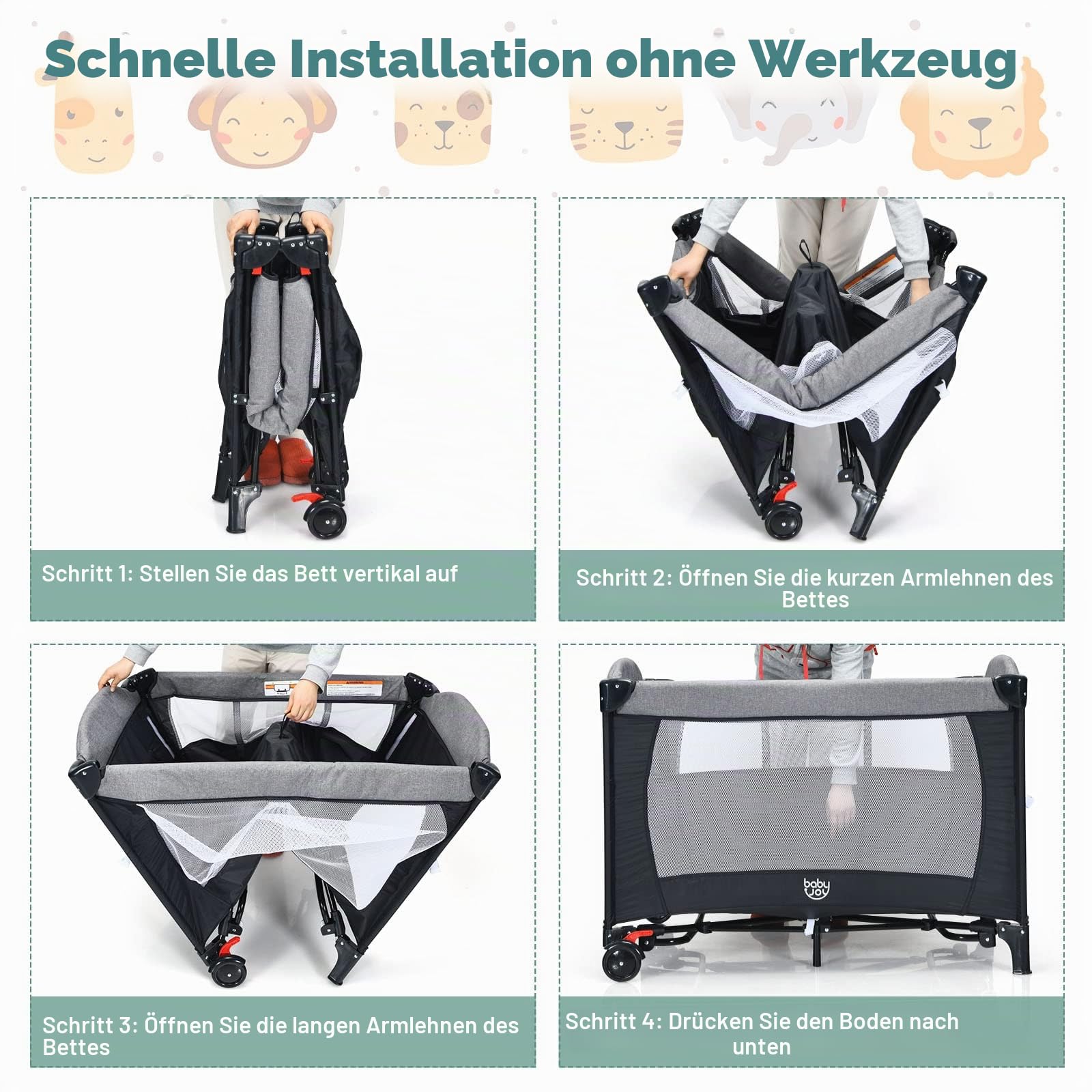 GOPLUS Baby Reisebett, Kinderreisebett mit Matratze und Windelhalter auf Rollen, Babybett mit Seiteneingang Tragetasche, Spielzeugständer und Spieluhr, 0-3 Jahre bis 15 kg (Schwarz)