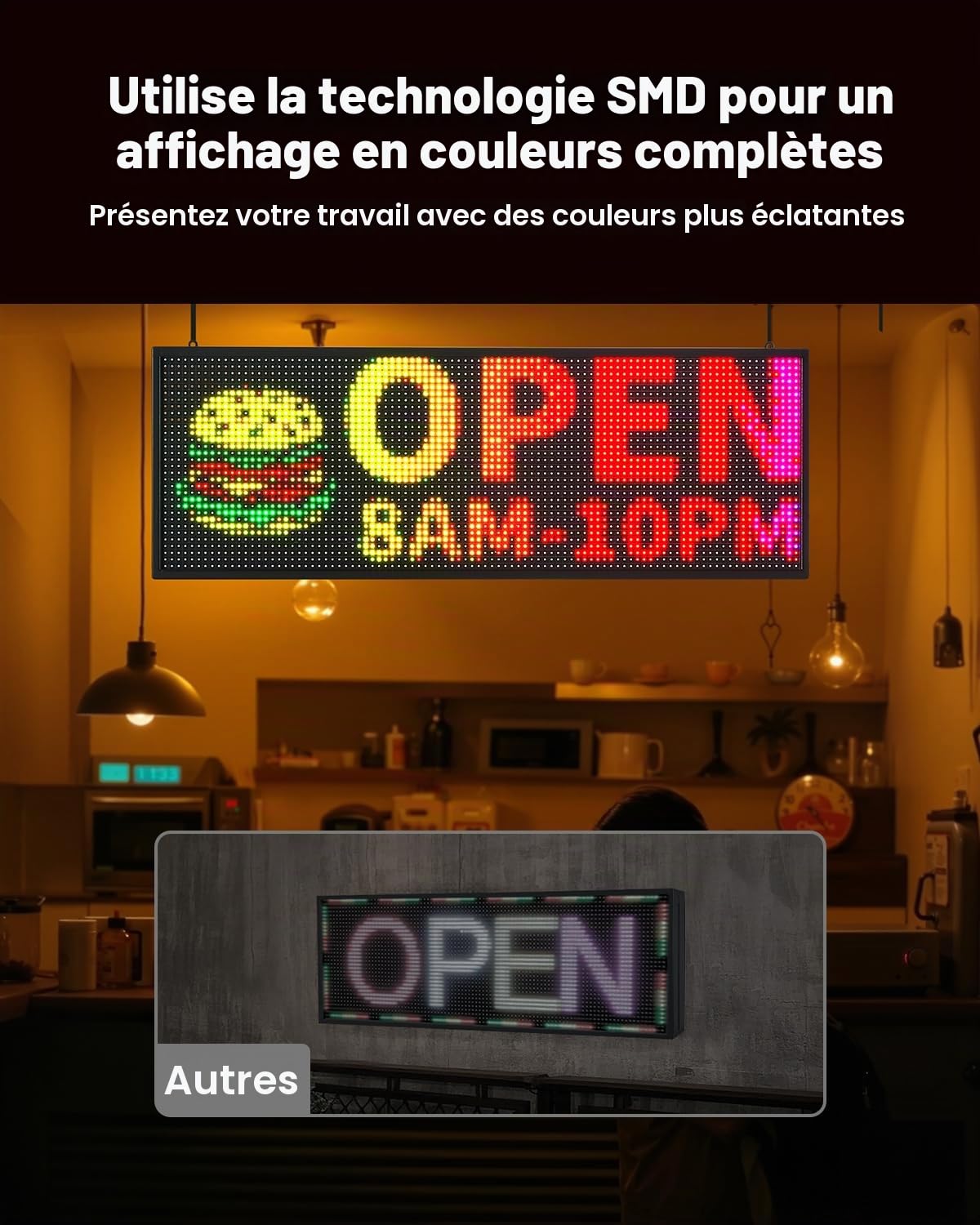 VEVOR Enseigne Lumineuse LED Programmable 99x35 cm, Panneau d’Affichage Numérique Couleur Pleine P10, GIF à Motifs de Texte Personnalisés, Commande Bluetooth, Information Publicitaire Publicité