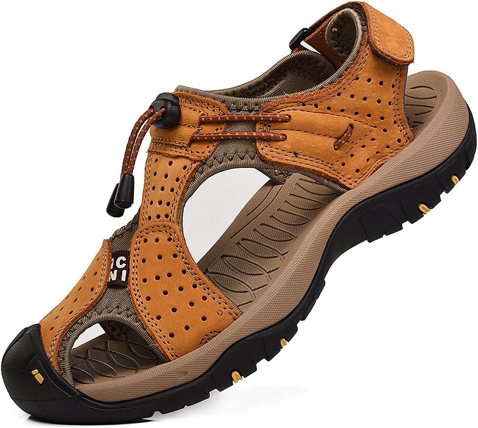 rismartMen's Closed-Toe Hook&Loop Outdoor Hiking Leather Shoes Sandals