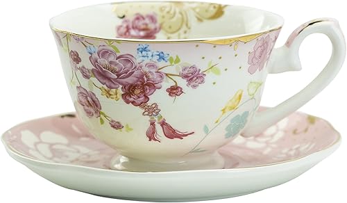 Miniatura 3 de Gracie China by Coastline Imports Jardin D'oiseaux - Juego de 4 tazas de té y platillo de porcelana, 6 onzas, rosa y azul