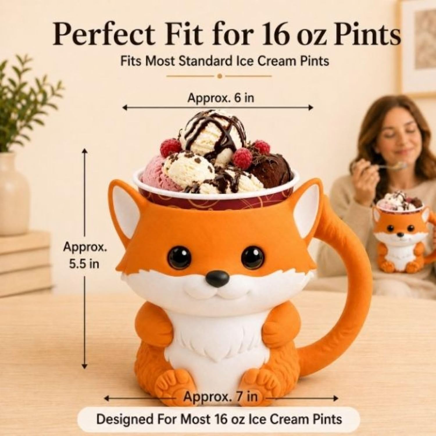 Ice Cream Pint Holder, Tail Handle, 16 oz, Gift Box, Fox