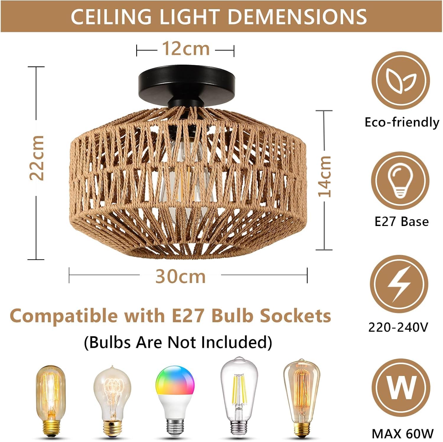 Rayofly plafonnier en rotin suspendu, plafonnier boho avec abat-jour en rotin, plafonnier vintage en bambou, lampe de plafond rustique en rotin pour salon chambre cuisine couloir