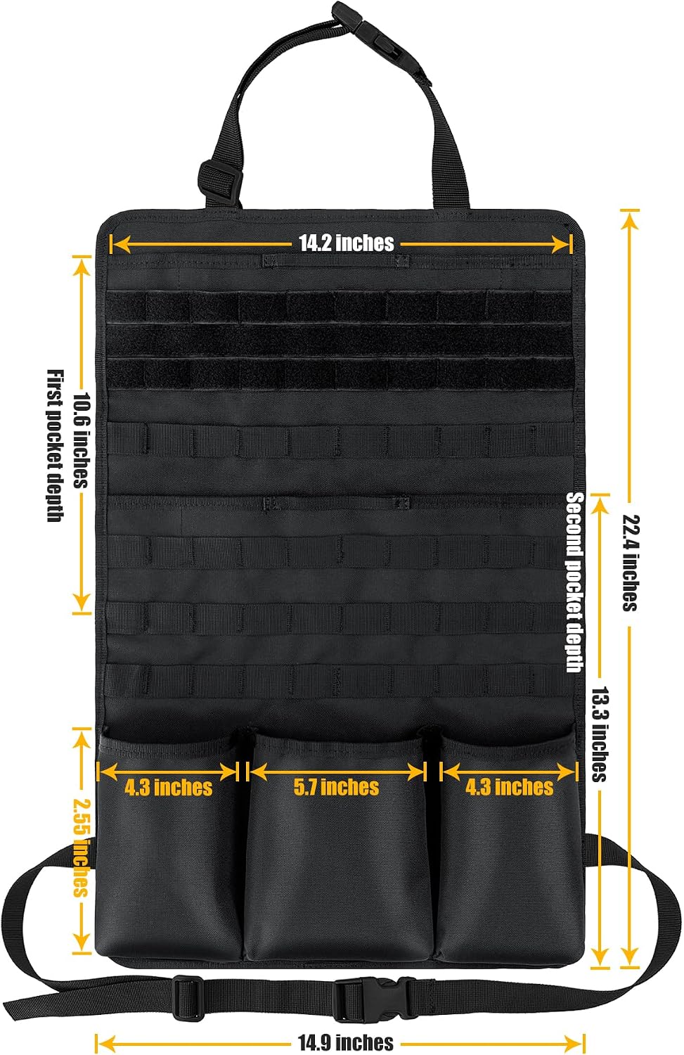 Car Seat Back Organizer, Tactical Molle Panel Sag Proof Vehicle Seat Protector with 2 Insert Pockets and 3 Bottom Pockets image 4