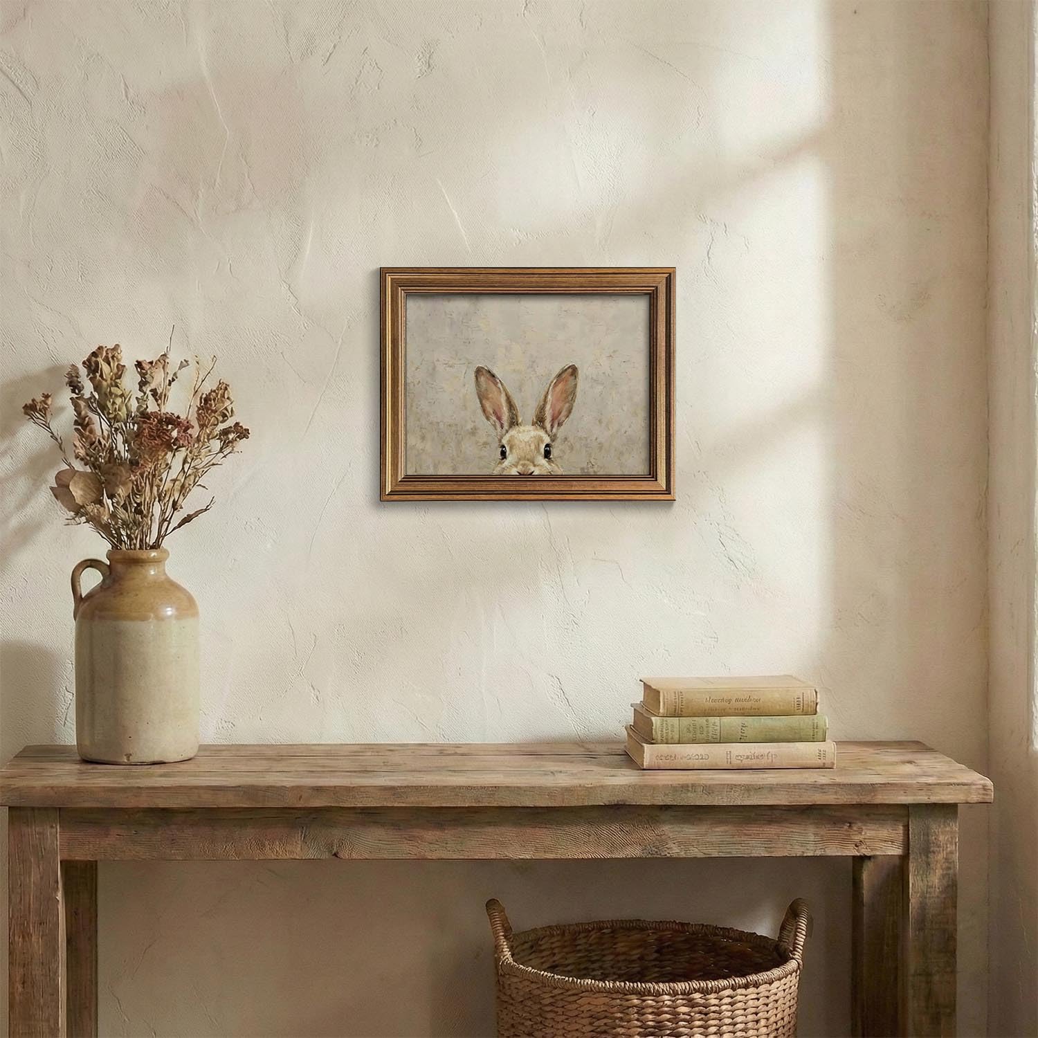 Wemandh Gold Framed Vintage Easter Bunny Wall Art - Muted Spring Rabbit Oil Painting Print, Farmhouse Easter Wall Decor, Rustic Cottagecore Animal Picture for Shelf, Mantle & Holiday Home Decor (Framed, 9.5'' x 12'') — view 6