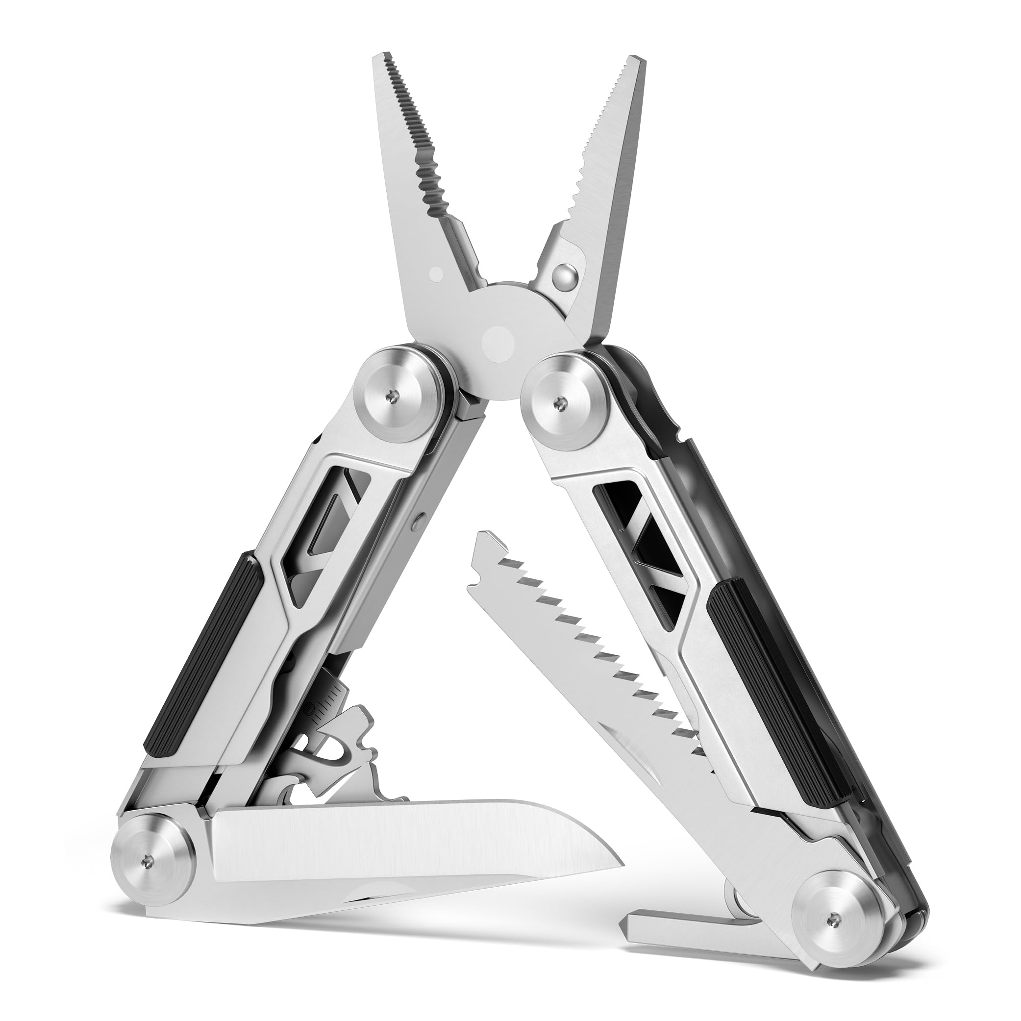 EXOTOOL 24+ | 24 Funktionen | Multitool mit Safety-Lock Verriegelung | Aus hochwertigem matt gestrahltem Edelstahl | Sicher arretierbares Multitool Werkzeug inkl. Gürteltasche