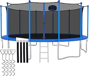 1500LBS 8 10 12 14 15 16 FT Tranpoline for Adults/Kids with Safety Enclosure Net, Basketball Hoop, Ball, Wind Stakes and Ladder, Heavy Duty Outdoor Recreational Tranpolines for Family