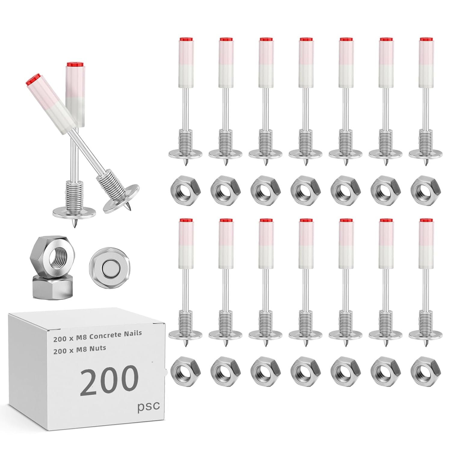 200PCS M8 Screw Nut Nails for Nail Gun Long,42mm Long,Threaded Round Nail 7.3mm Dia Manual Steel Concrete Nails Kit for Concrete Cable Ducts Fixed Slotting Device Repair Tool for Steel, HVAC