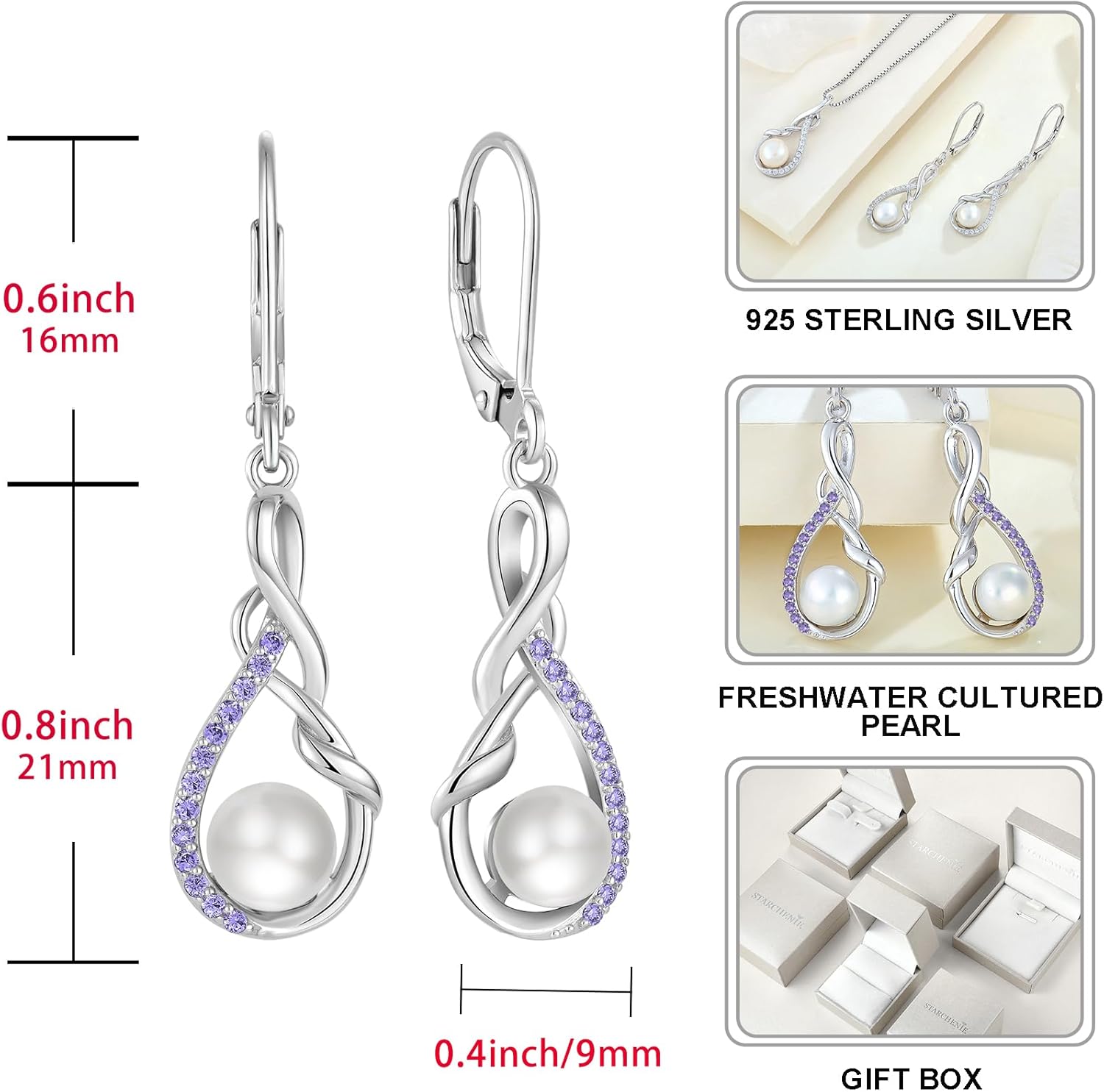 Starchenie Freshwater Cultured Pearl Drop & Dangle Earrings for Women 925 Sterling Silver Infinity Leverback Earrings Birthstones Jewelry