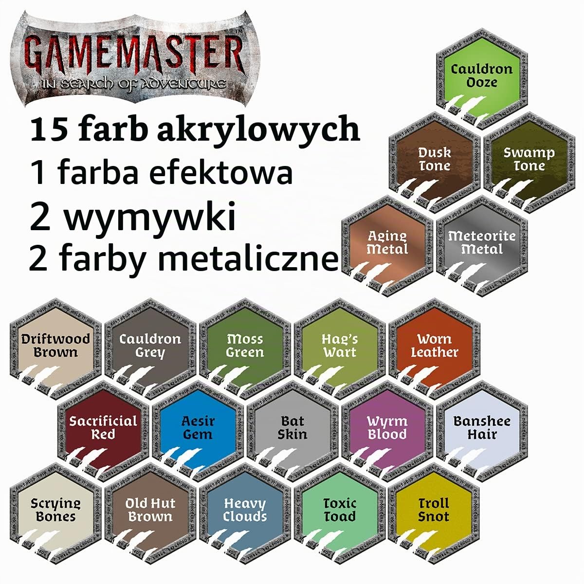 The Army Painter GameMaster Wilderness Adventures zestaw farb do odgrywania ról, 20 butelek farby akrylowej 12 ml, 1 suchy pędzel, 1 plastikowa miniaturka czarownicy do Warhammer 40k oraz Dungeons and