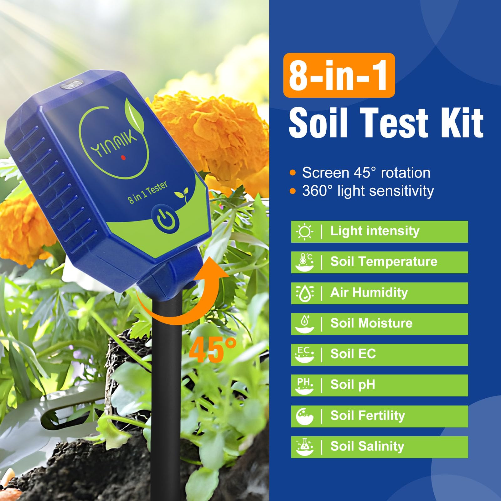 Kit di analisi terreno intelligente, 8 in 1 umidità EC fertilità sale intensità luce solare umidità aria temp pHmetro, pH igrometro per serra giardino fattoria, pH misuratore conduttività per terreno