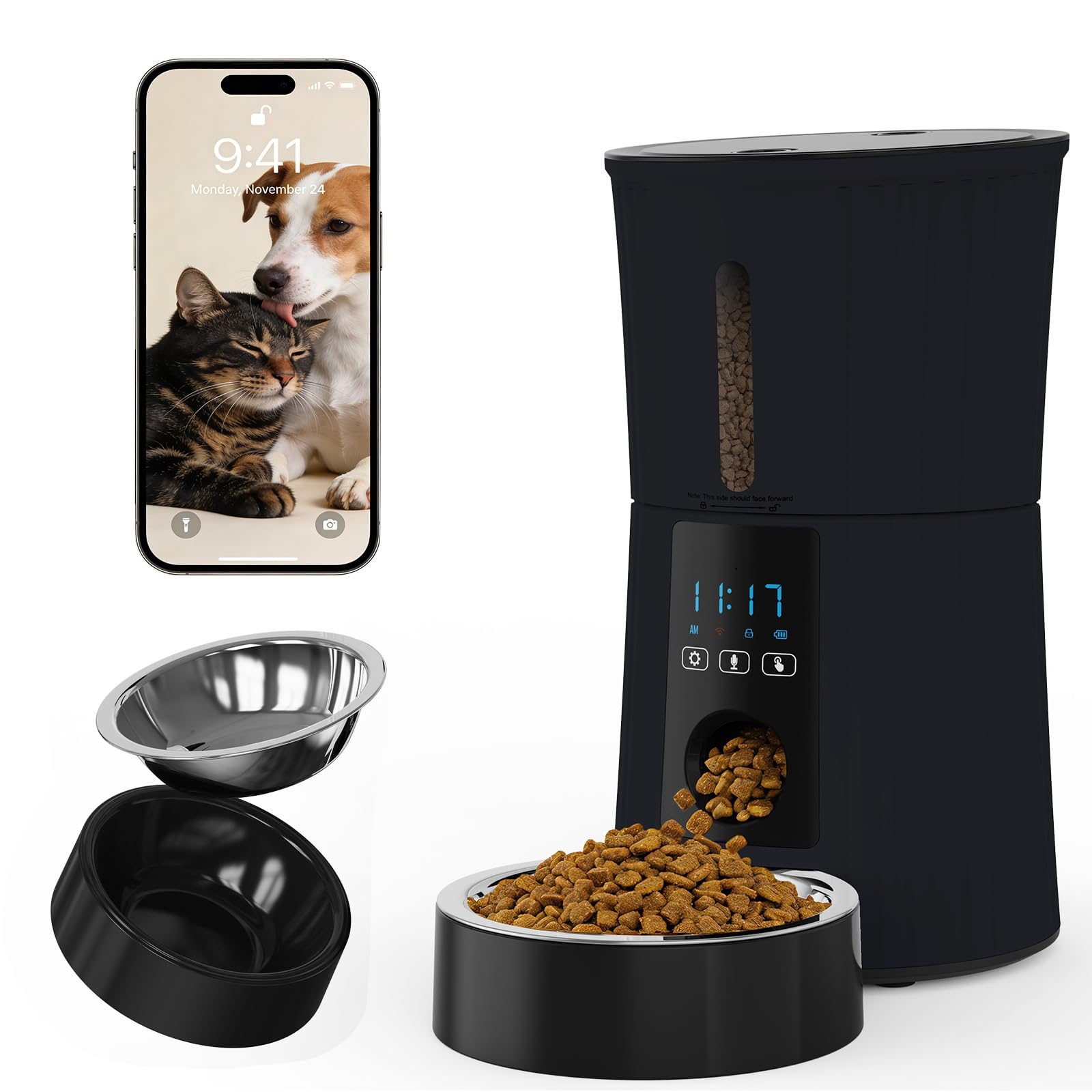 NEWBULIG Automatic Cat Feeder, 4L Timed Pet Feeders with 10s Voice Recorder, Dog Food Dispenser with APP Control, Dry Food, 10 Meals, Programmable 50 Portions, Dual Power Supply, Desiccant Bag