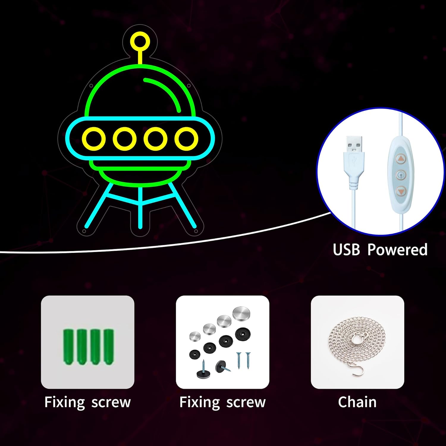 Anime UFO Neon Sign for Wall Decor, Cute Spaceship Led Signs for Home Decor, Dimmable Neon Light Sign for Bedroom, Game Room, Living Room, Bar Decoration, USB Powered Light Up Signs for Man Cave - Image 3