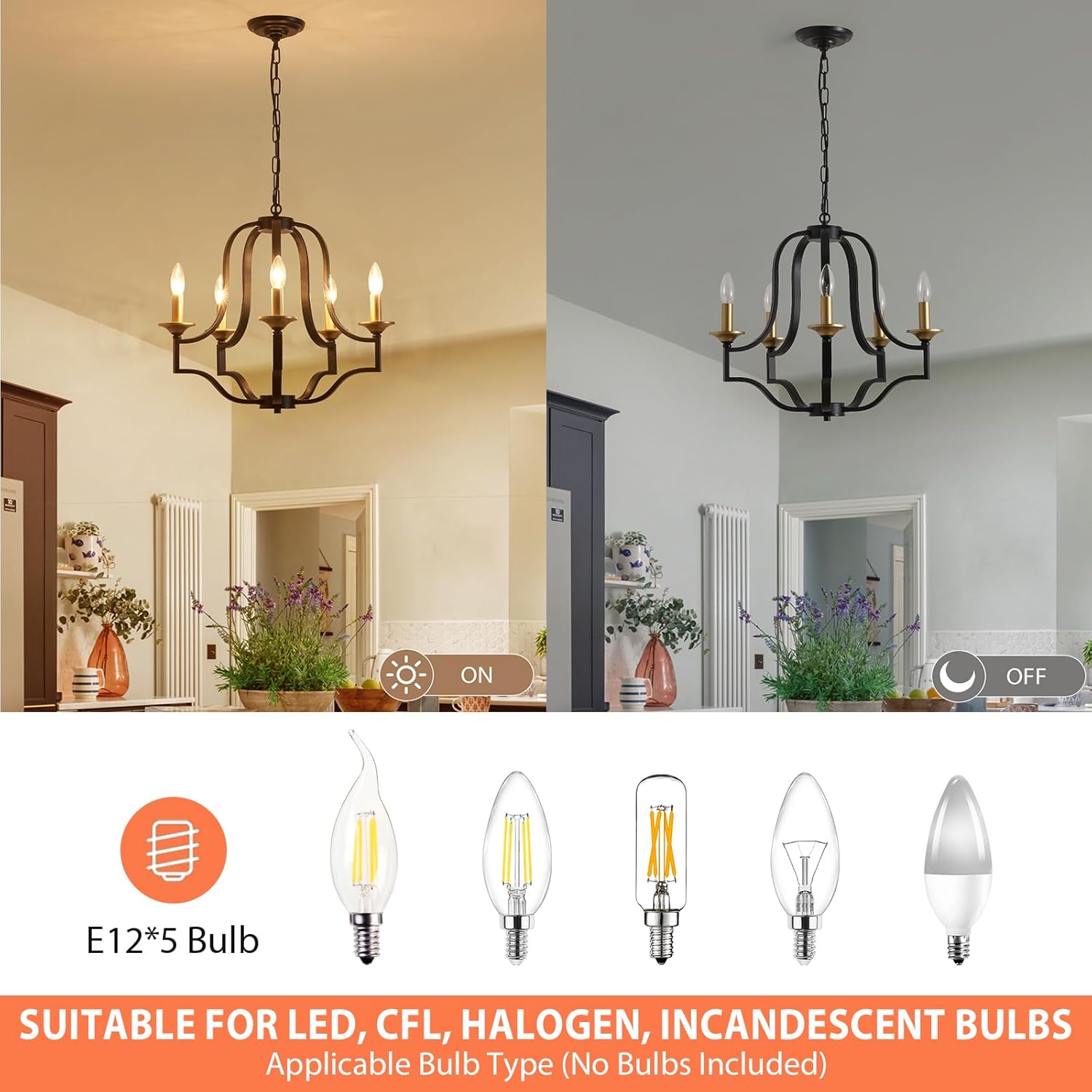 Black and Gold Candle Chandelier 5 Lights Modern Industrial Pendant Lighting Fixtures E12 Base Height Adjustable Hanging Lamp for Dining Room Living Room Kitchen Foyer