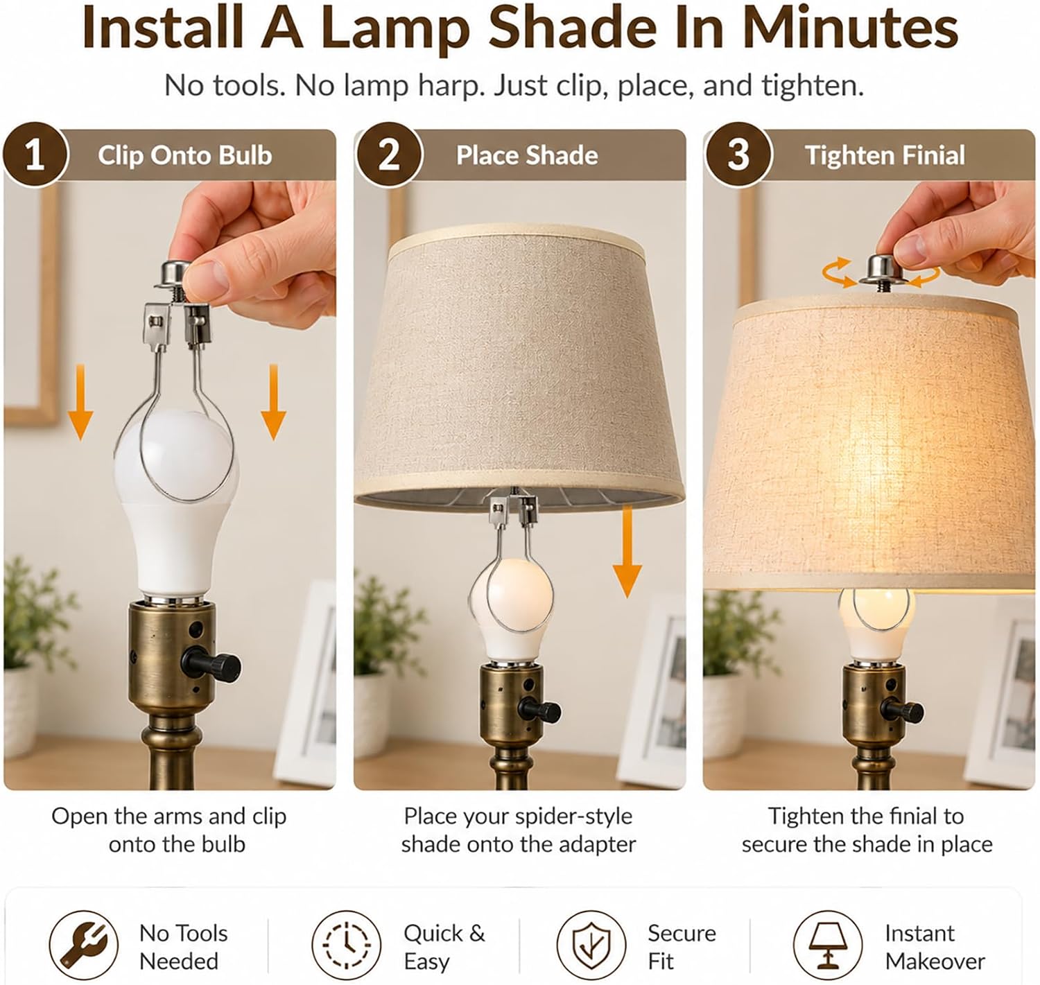 Lamp Shade Adapter Clip On Bulb, 2 Pack Lamp Shade Holder for Spider Lampshades, Lamp Harp Alternative, Bulb Clip Adapter with Finial for Table Lamps, Floor Lamps, DIY & Vintage Lamp Repair, Silver